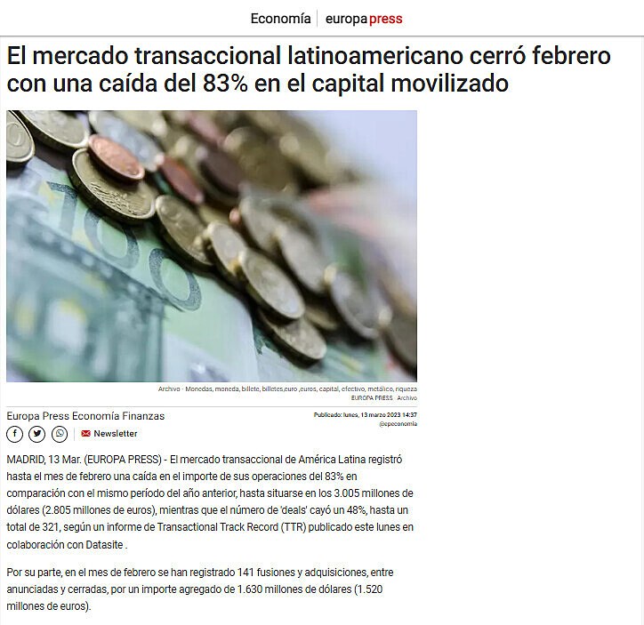 El mercado transaccional latinoamericano cerr febrero con una cada del 83% en el capital movilizado